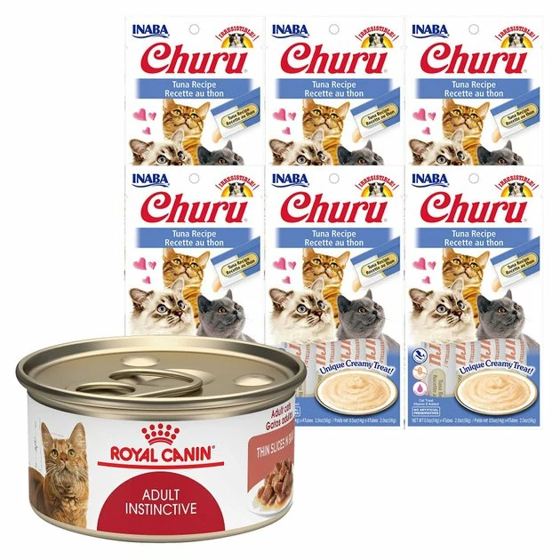 Best deal βοΈ Royal Canin||Inaba Royal Canin Feline Health Nutrition Adult Instinctive Thin Slices in Gravy Canned Food + Inaba Churu Grain-Free Tuna Puree Lickable Cat Treat π