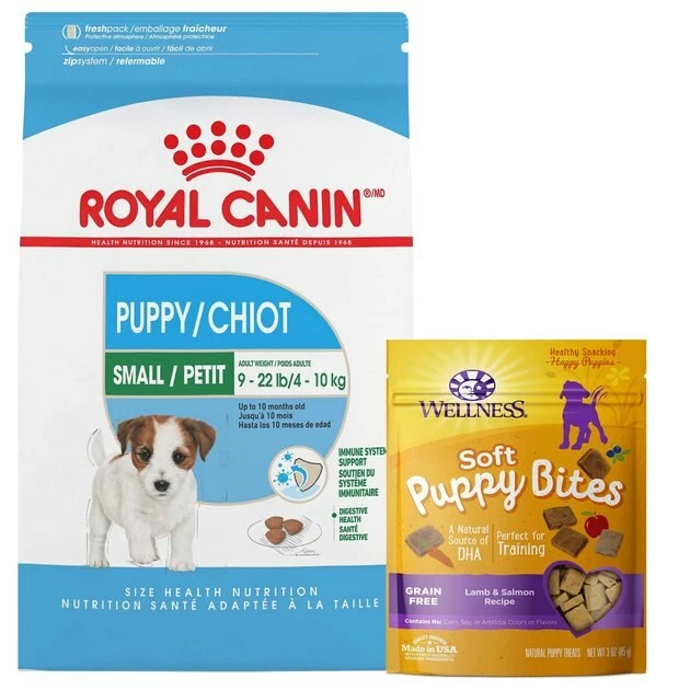 Budget โ๏ธ Royal Canin||Wellness Royal Canin Small Puppy Dry Food + Wellness Soft Puppy Bites Lamb & Salmon Recipe Grain-Free ๐ถ Dog Treats ๐ฅ
